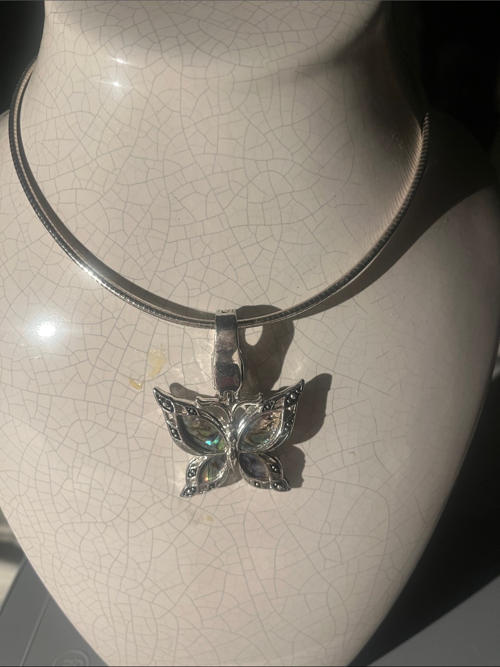 Silver Butterfly Pendant Necklace - Iridescent Stones
